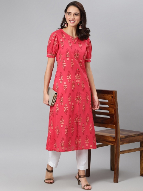 

Khushal K Women Pink Floral Printed Thread Work Kurta