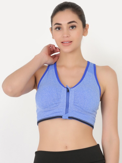 

EVERDION Blue Solid Lightly Padded Zip Up Sports Bra