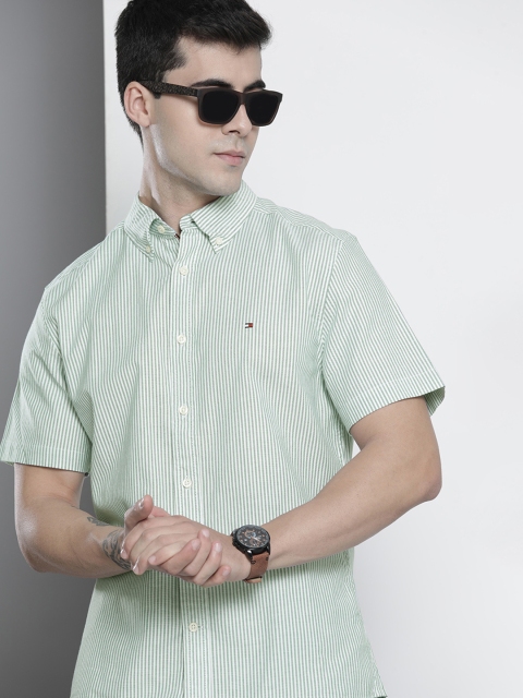 

Tommy Hilfiger Men Green Striped Casual Shirt