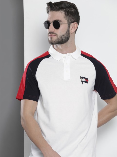 

Tommy Hilfiger Men White & Red Colourblocked Polo Collar Pure Cotton Casual T-shirt