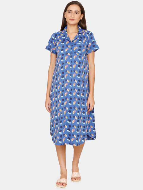 

Zivame Women Blue Printed Lapel collar Midi Cotton Nightdress