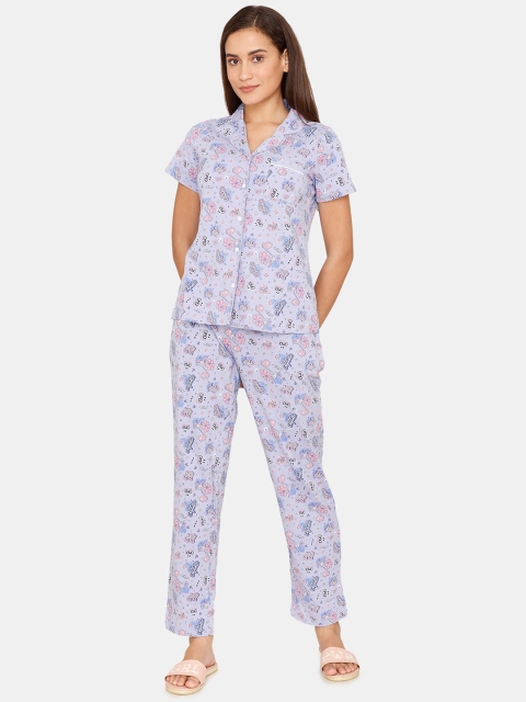 

Zivame Women Cotton Purple & Pink Printed Night suit