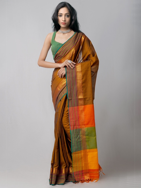 

Unnati Silks Brown & Green Woven Design Pure Cotton Narayan Peth Saree