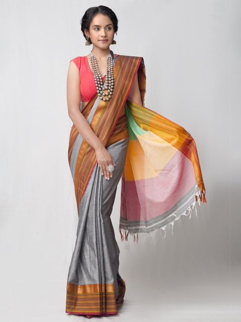 

Unnati Silks Grey & Yellow Pure Cotton Narayan Peth Saree