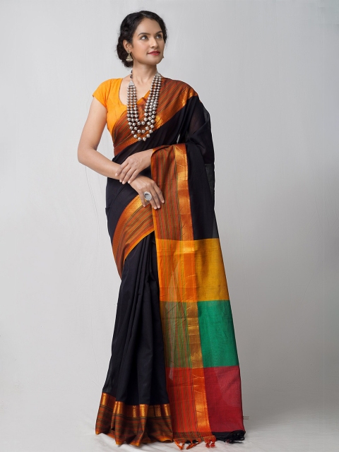 

Unnati Silks Black & Green Pure Cotton Handloom Sustainable Narayan Peth Saree