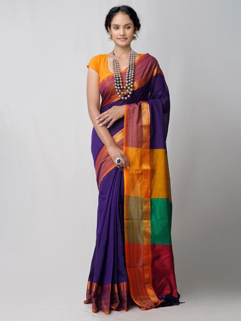 

Unnati Silks Violet & Gold-Toned Pure Cotton Handloom Sustainable Narayan Peth Saree