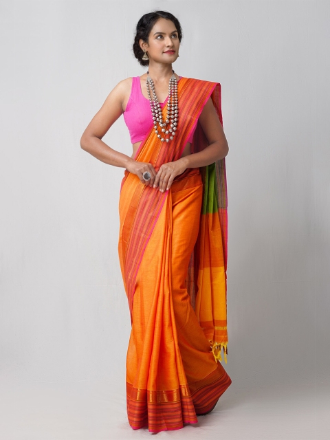 

Unnati Silks Orange & Green Pure Cotton Handloom Sustainable Narayan Peth Saree
