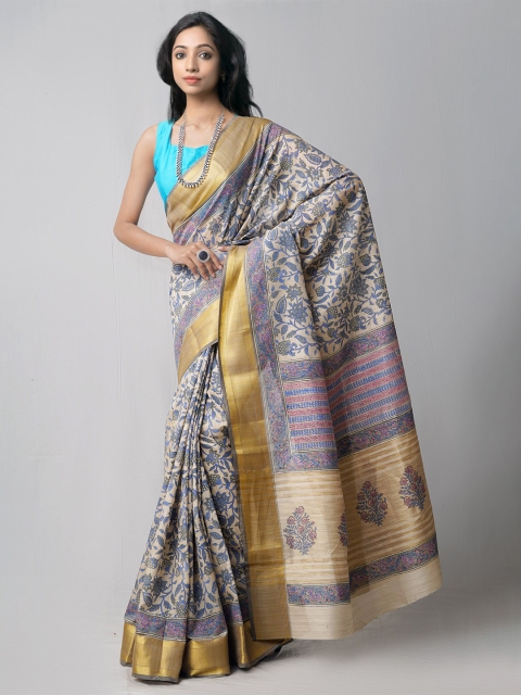 

Unnati Silks Brown & Blue Floral Zari Silk Cotton Heavy Work Maheshwari Saree