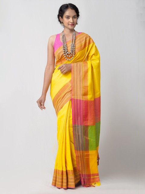 

Unnati Silks Yellow & Pink Pure Cotton Narayan Peth Saree