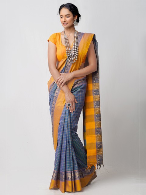 

Unnati Silks Blue & Orange Checked Pure Cotton Handloom Sustainable Chettinad Saree