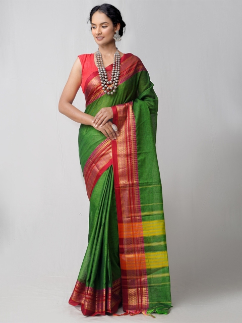 

Unnati Silks Green & Pink Woven Design Zari Pure Cotton Narayan Peth Saree