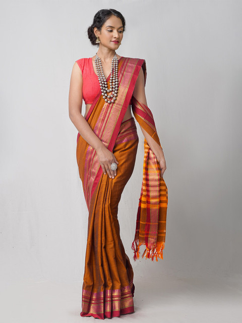 

Unnati Silks Rust & Magenta Woven Design Zari Pure Cotton Narayan Peth Saree