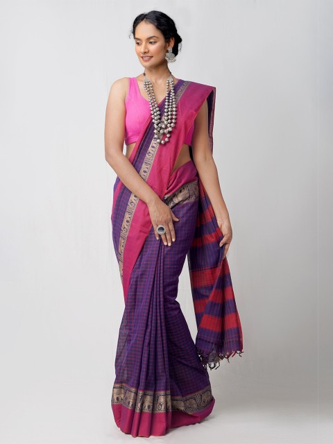 

Unnati Silks Violet & Pink Checked Pure Cotton Chettinad Saree