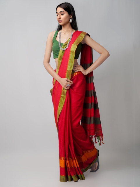 

Unnati Silks Red & Green Striped Pure Cotton Handloom Sustainable Narayan Peth Saree