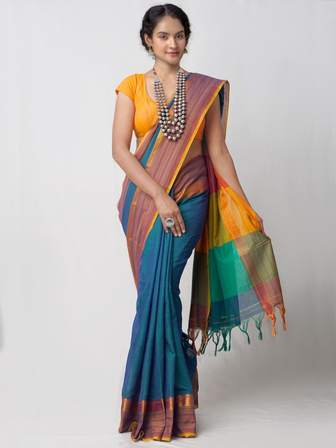 

Unnati Silks Blue & Yellow Pure Cotton Handloom Sustainable Narayan Peth Saree