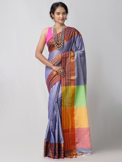 

Unnati Silks Grey & Gold-Toned Woven Design Cotton Handloom Sustainable Narayan Peth Saree