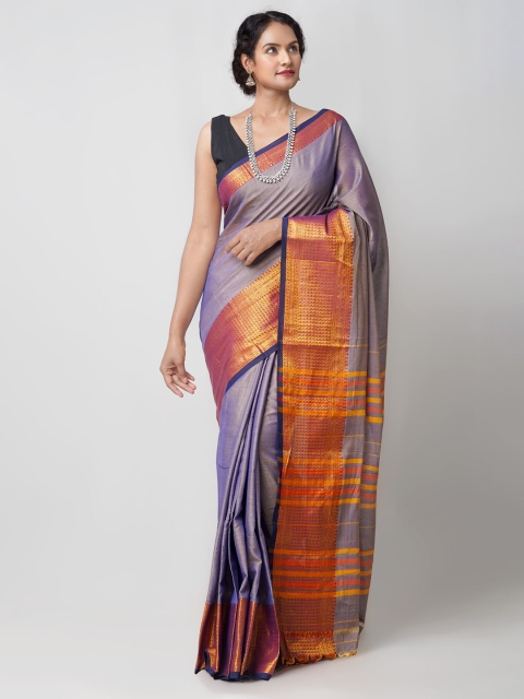 

Unnati Silks Violet & Yellow Woven Design Zari Pure Cotton Narayan Peth Saree
