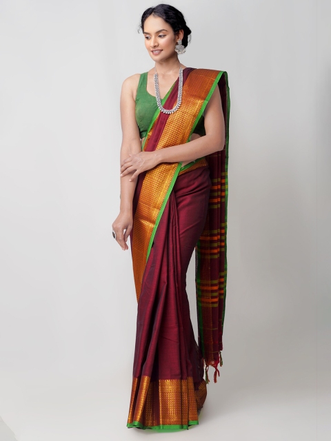 

Unnati Silks Maroon & Green Zari Pure Cotton Narayan Peth Saree