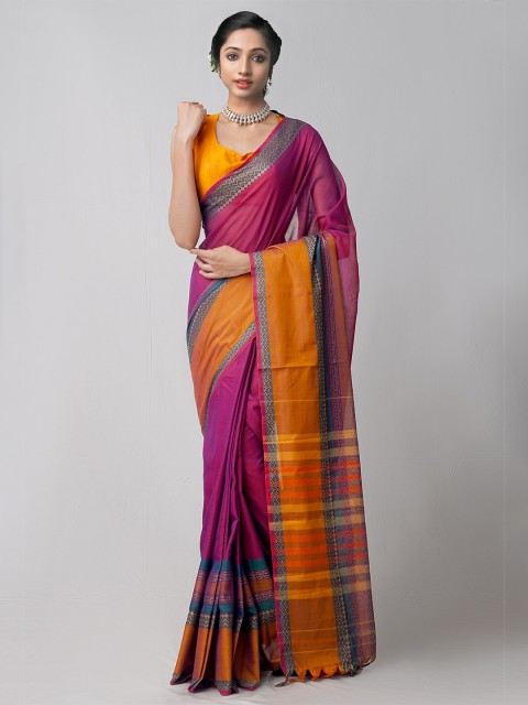 

Unnati Silks Purple & Mustard Woven Design Pure Cotton Kanjeevaram Saree