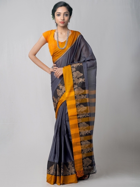 

Unnati Silks Grey & Orange Pure Cotton Handloom Sustainable Kanjeevaram Saree