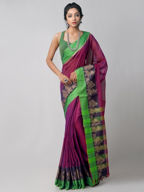 

Unnati Silks Purple Woven Design Pure Handloom Sustainable Pavani Kanchi Cotton Saree