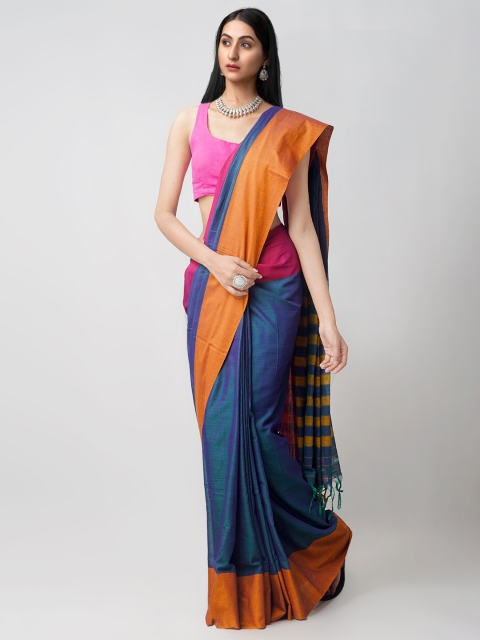 

Unnati Silks Blue & Orange Woven Design Pure Cotton Chettinad Saree