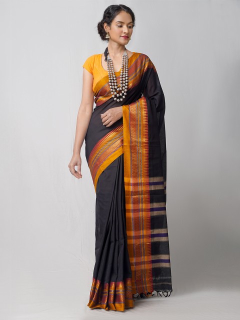 

Unnati Silks Black & Red Woven Design Zari Pure Cotton Narayan Peth Saree