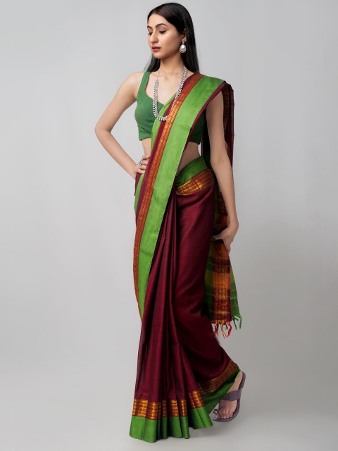 

Unnati Silks Maroon & Green Zari Pure Cotton Narayan Peth Saree