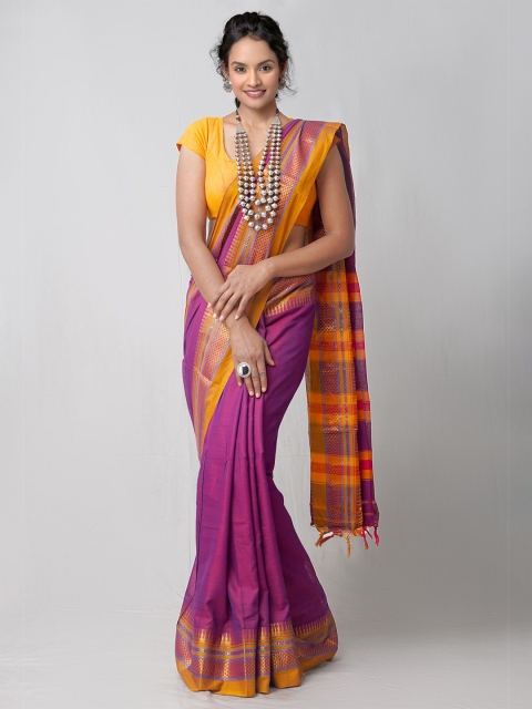

Unnati Silks Purple & Orange Pure Cotton Handloom Sustainable Narayan Peth Saree