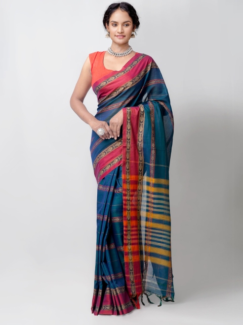 

Unnati Silks Blue & Magenta Woven Design Cotton Handloom Sustainable Narayan Peth Saree