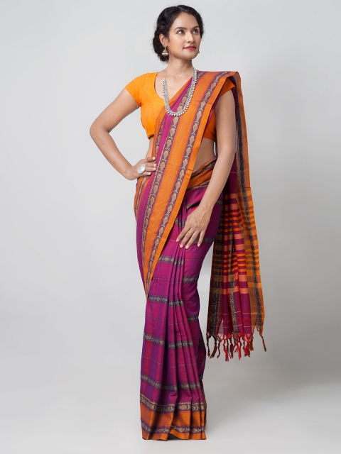 

Unnati Silks Purple & Orange Checked Pure Cotton Narayan Peth Saree