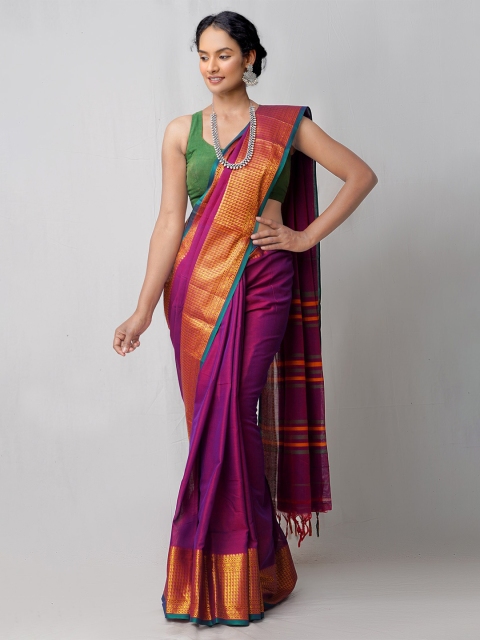 

Unnati Silks Purple & Orange Zari Pure Cotton Narayan Peth Saree