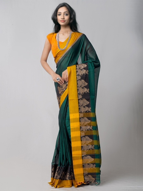 

Unnati Silks Green & Mustard Pure Cotton Handloom Sustainable Kanjeevaram Saree