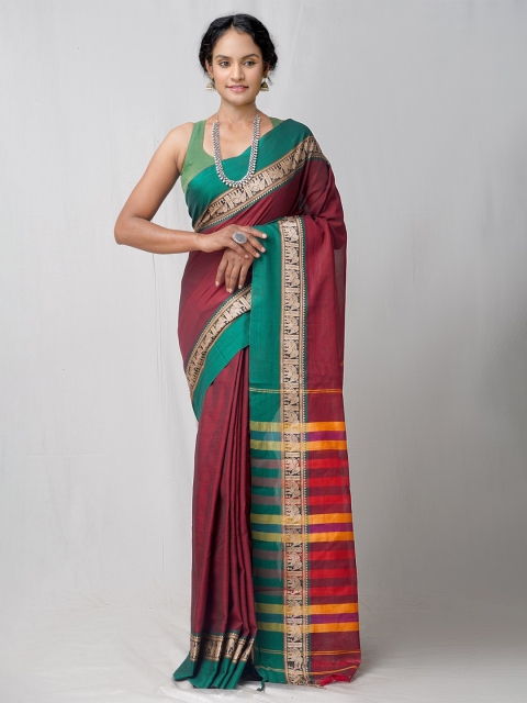 

Unnati Silks Maroon & Green Pure Cotton Handloom Sustainable Chettinad Saree