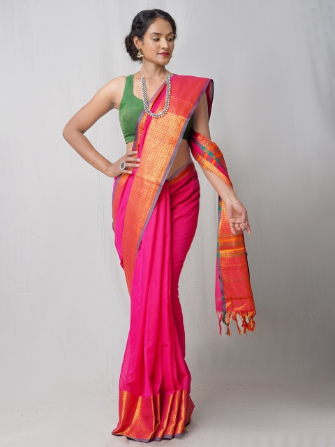 

Unnati Silks Pink & Gold-Toned Zari Pure Cotton Narayan Peth Saree