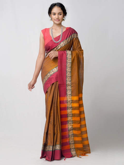 

Unnati Silks Rust & Yellow Paisley Pure Cotton Chettinad Saree