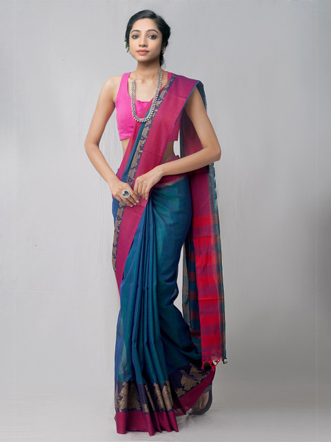 

Unnati Silks Blue & Pink Pure Cotton Handloom Sustainable Kanjeevaram Saree