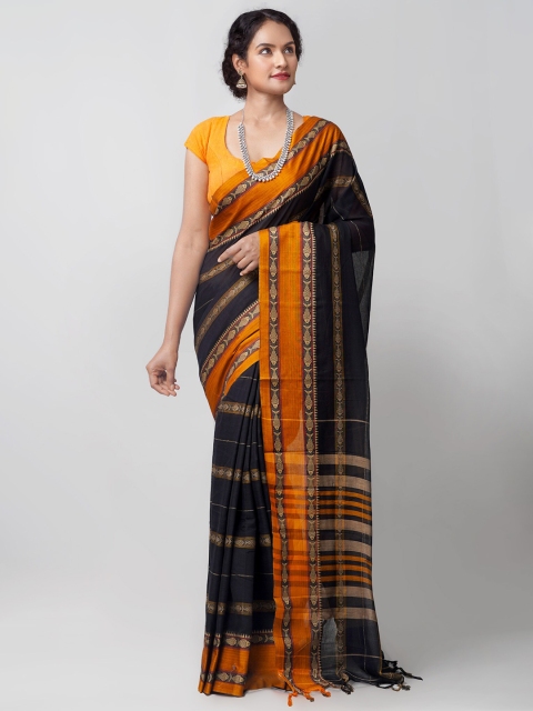 

Unnati Silks Black & Orange Pure Cotton Handloom Sustainable Pavani Narayan Peth Saree