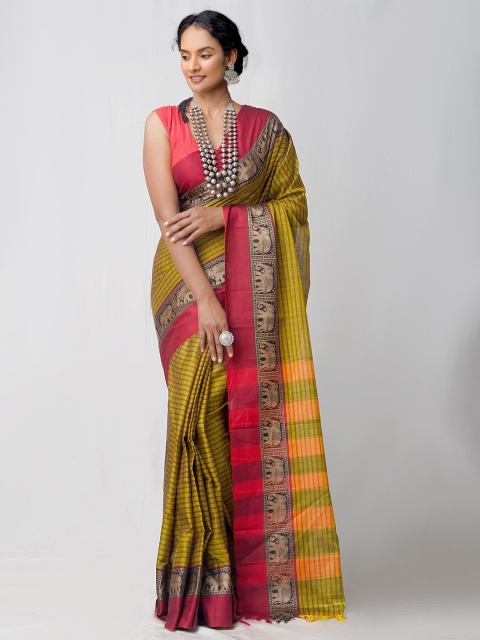 

Unnati Silks Green & Pink Striped Pure Cotton Chettinad Saree