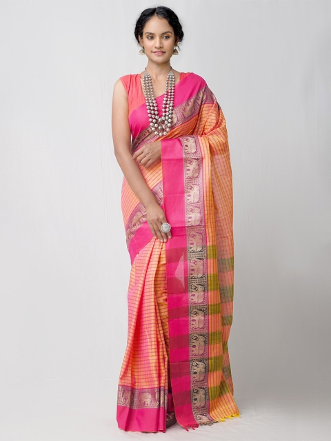 

Unnati Silks Orange & Pink Woven Design Pure Cotton Chettinad Saree