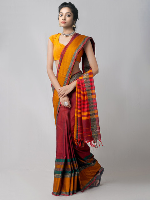 

Unnati Silks Maroon & Orange Woven Design Pure Cotton Kanjeevaram Saree