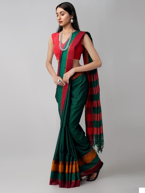 

Unnati Silks Green & Red Striped Pure Cotton Handloom Sustainable Narayan Peth Saree