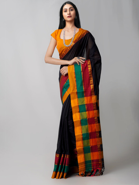 

Unnati Silks Black & Mustard Pure Cotton Handloom Sustainable Narayan Peth Saree