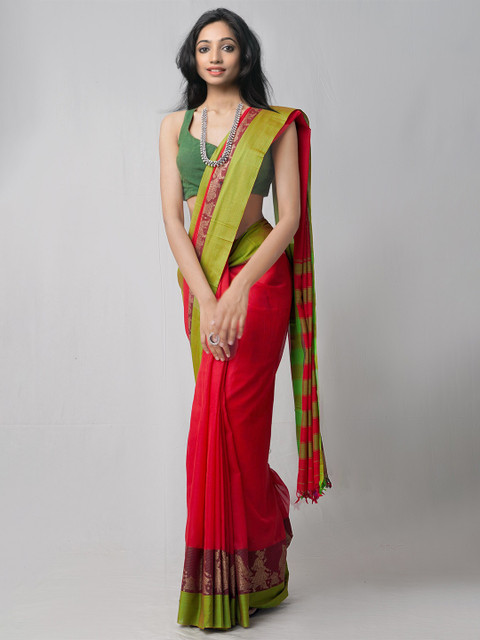 

Unnati Silks Red & Green Woven Design Pure Handloom Sustainable Pavani Kanchi Cotton Saree