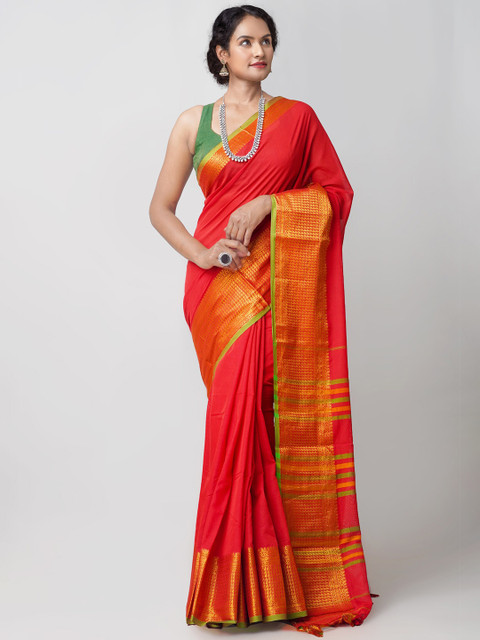 

Unnati Silks Red & Green Woven Design Pure Cotton Narayan Peth Saree