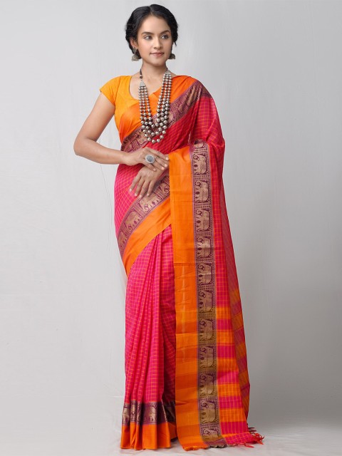 

Unnati Silks Pink & Orange Woven Design Pure Cotton Chettinad Saree