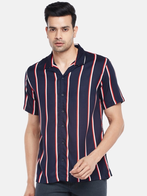 

People Men Navy Blue Striped Casual Shirt