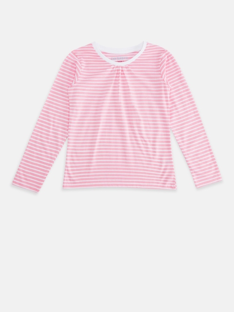 

Pantaloons Junior Girls Pink & White Striped Pure Cotton Regular Fit T-shirt