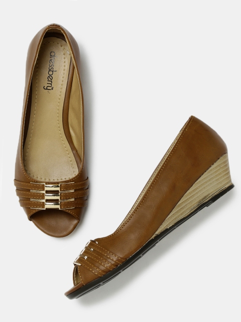

DressBerry Women Brown Peep-Toed Wedges
