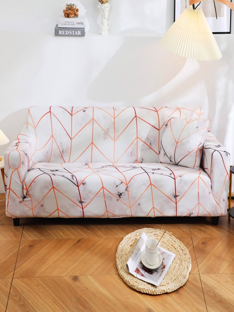 

HOUSE OF QUIRK White & Orange Printed 2-Seater Stretchable Non-Slip Sofa Slipcover